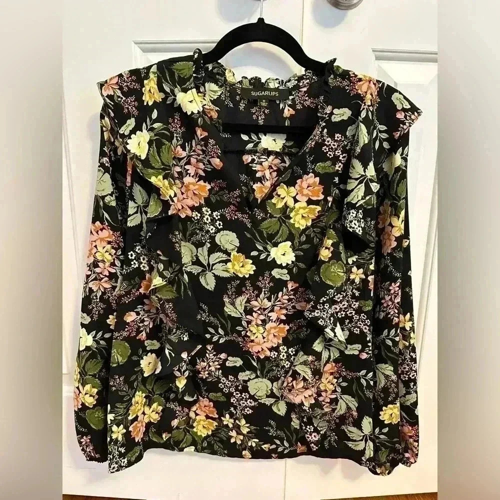 Sugarlips Night Bloom Wilhem Ruffle Blouse - Black Multi - Picture 4 of 10